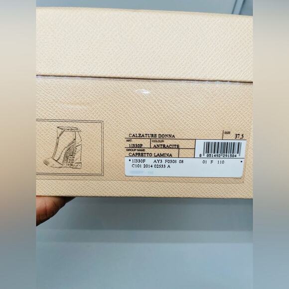 Prada Metallic Grey T Strap Metal Embossed Wedge Sandals Runway 2014 EU 37.5 - Picture 16 of 16